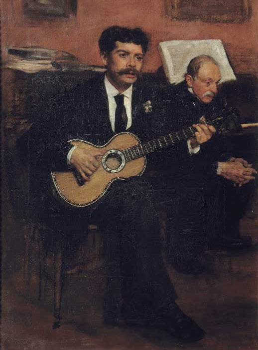 Kunstdruck des Gemäldes „Der spanische Tenor Lorenzo Pagans (1838–1883) und der Vate“ von Edgar Degas. Porträt des spanischen Tenors Lorenzo Pagans in einer stimmungsvollen Komposition. Erhältlich als Leinwand oder Poster, wahlweise gerahmt.