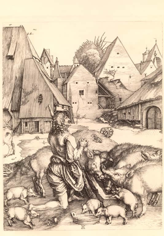 Kunstdruck von „Der verlorene Sohn“ von Albrecht Dürer. Ausdrucksstarke Renaissance-Darstellung des biblischen Motivs mit dem verlorenen Sohn, in Deutschland handgefertigt.