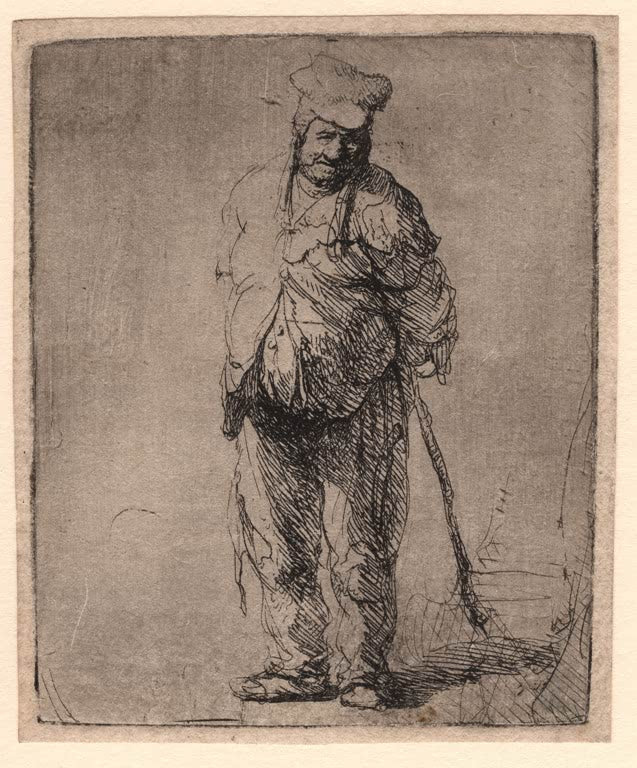 Kunstdruck von Rembrandt van Rijn, der zerlumpte Bauer mit hinter dem Rücken gehaltenen Händen und Stock