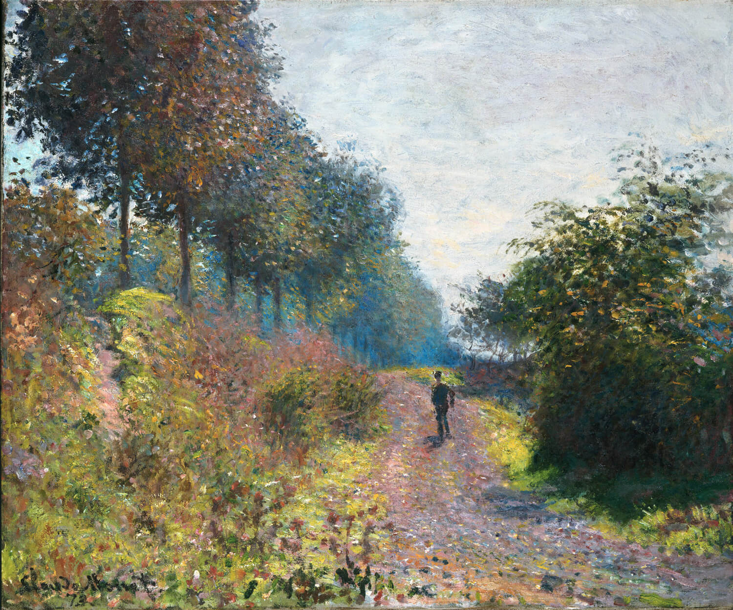 Impressionistische Darstellung eines von Bäumen gesäumten Weges, mit sanftem Lichtspiel und üppiger Vegetation, gemalt von Claude Monet.