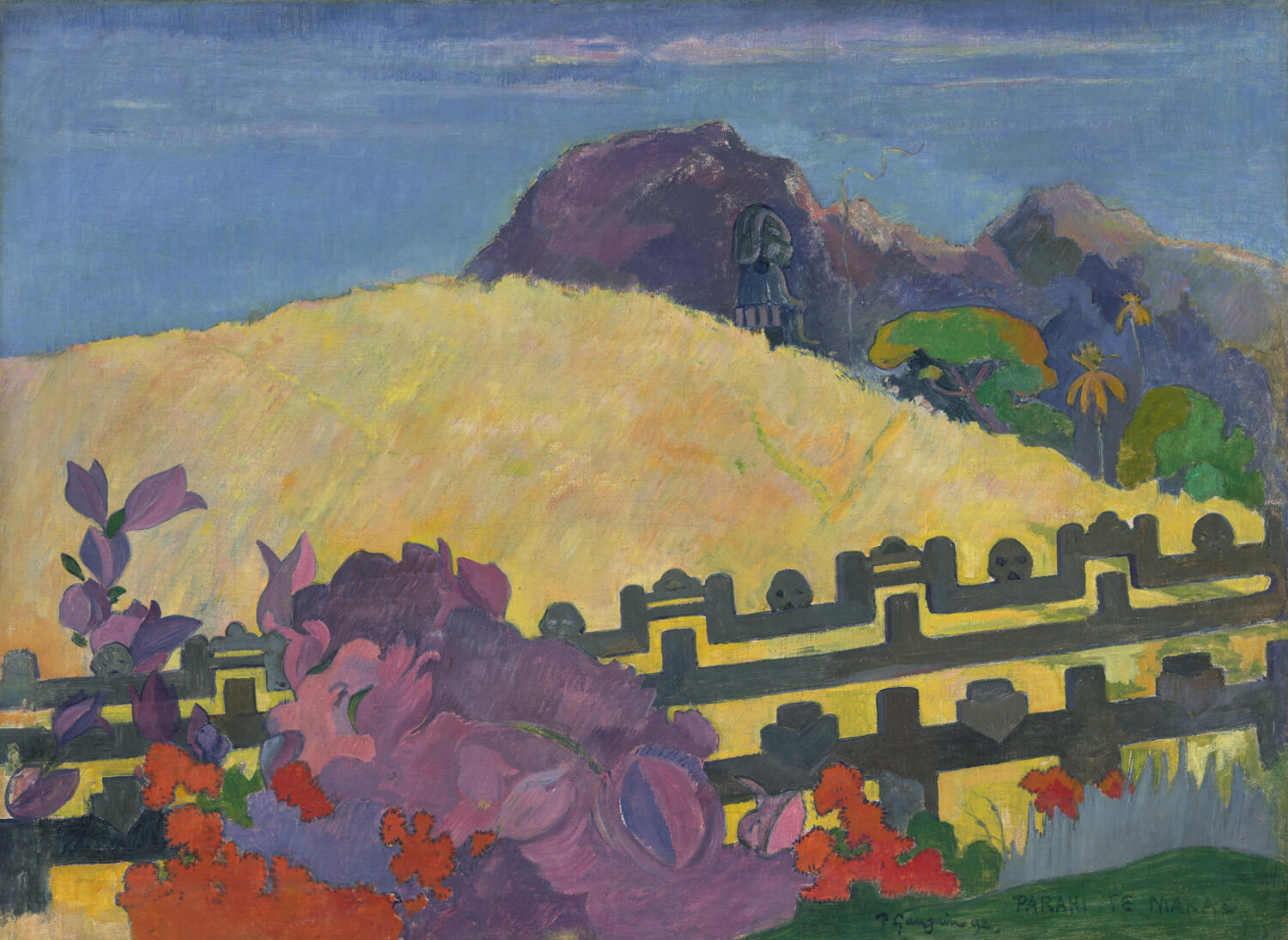 Bunte tropische Landschaft mit einem heiligen Berg im Hintergrund, dargestellt in leuchtenden Farben im postimpressionistischen Stil von Paul Gauguin.