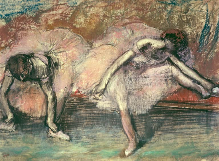 Kunstdruck des Gemäldes „Deux danseuses“ von Edgar Degas mit zwei Balletttänzerinnen in einer eleganten Komposition. Hochwertig in Deutschland per Hand gefertigt, erhältlich als Poster oder Leinwand.
