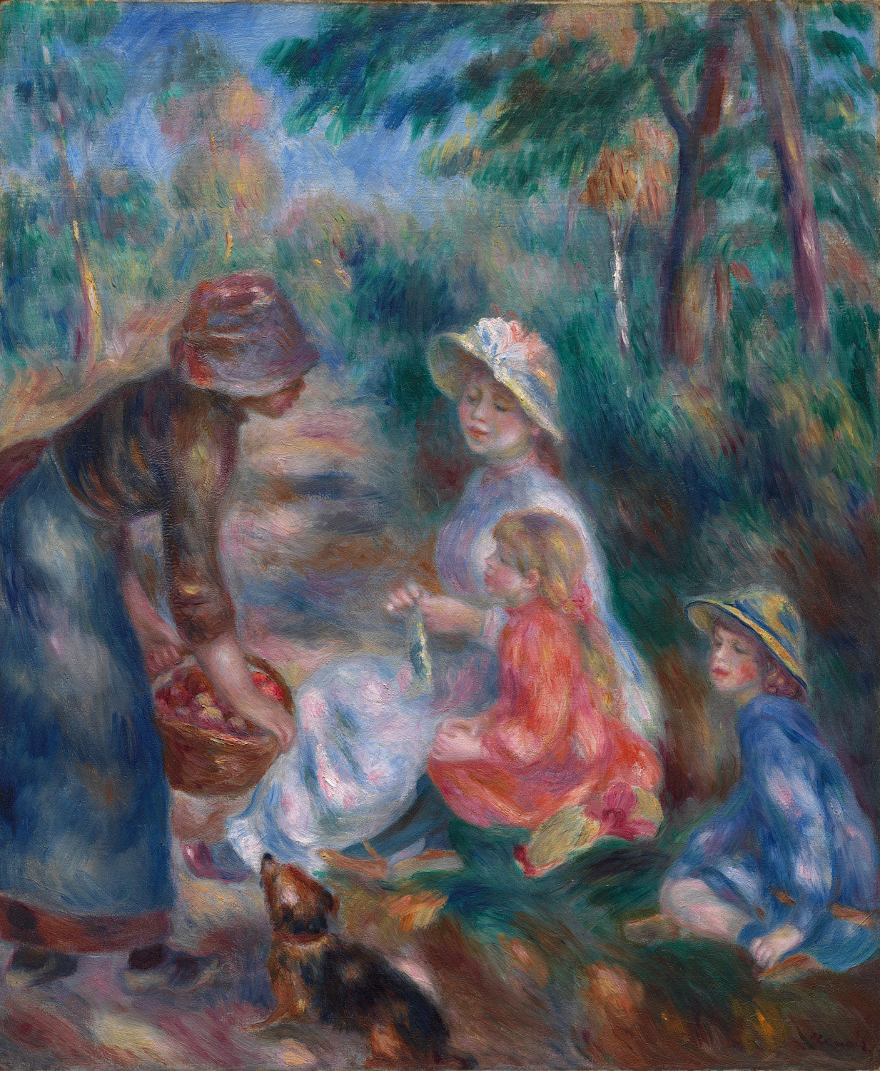 Das Gemälde „Die Apfelverkäuferin“ von Pierre-Auguste Renoir zeigt eine junge Landfrau, die Äpfel anbietet, umgeben von sanftem, gefiltertem Sonnenlicht. Dieses Werk, vermutlich in Essoyes, Frankreich, entstanden, fängt die impressionistische Meisterschaft Renoirs ein.