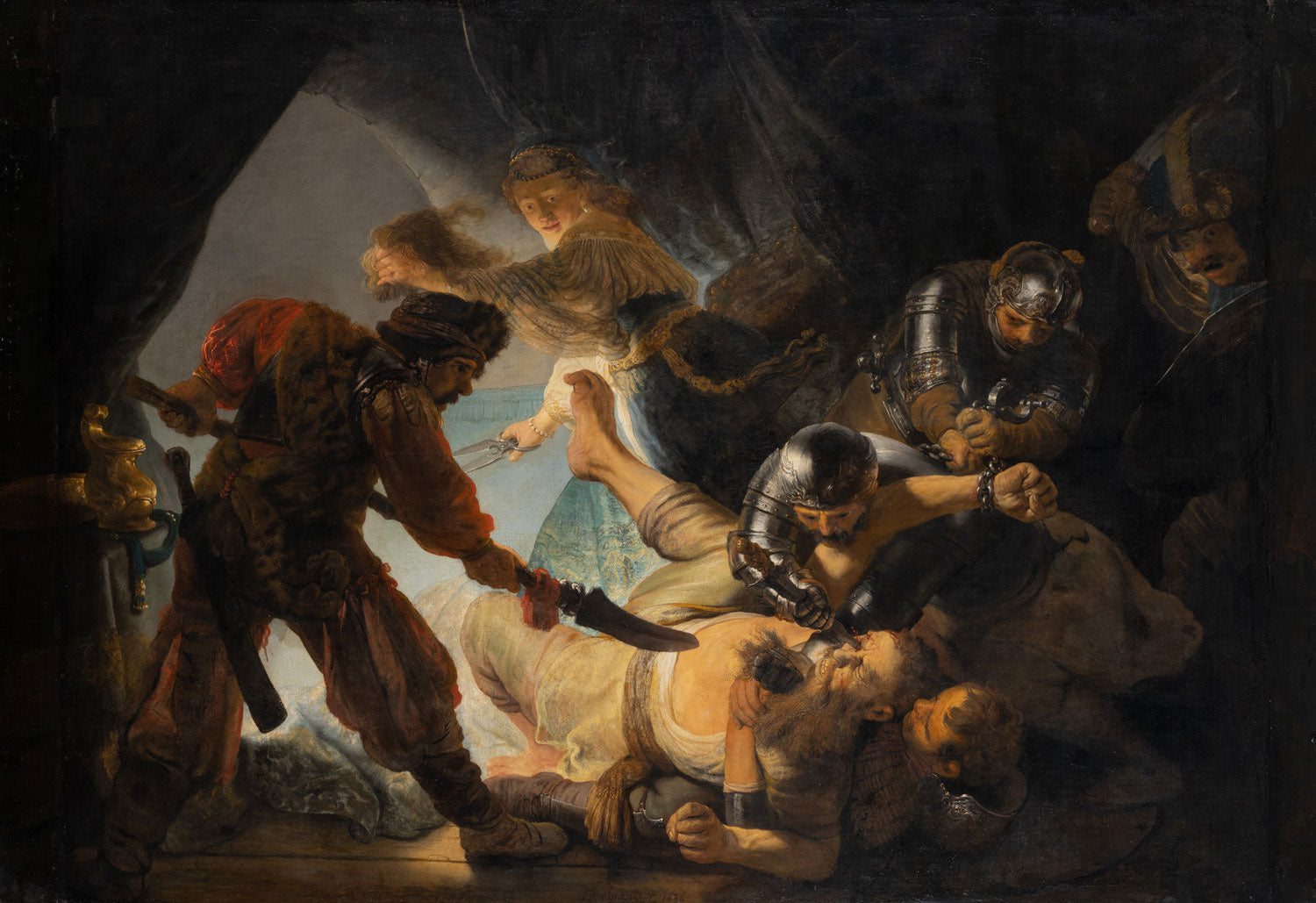 Dramatisches Barockgemälde "Die Blendung Simsons" von Rembrandt van Rijn mit einer kraftvollen Szene aus der Bibel, voller Dynamik, Licht-Schatten-Kontrasten und emotionaler Ausdruckskraft.