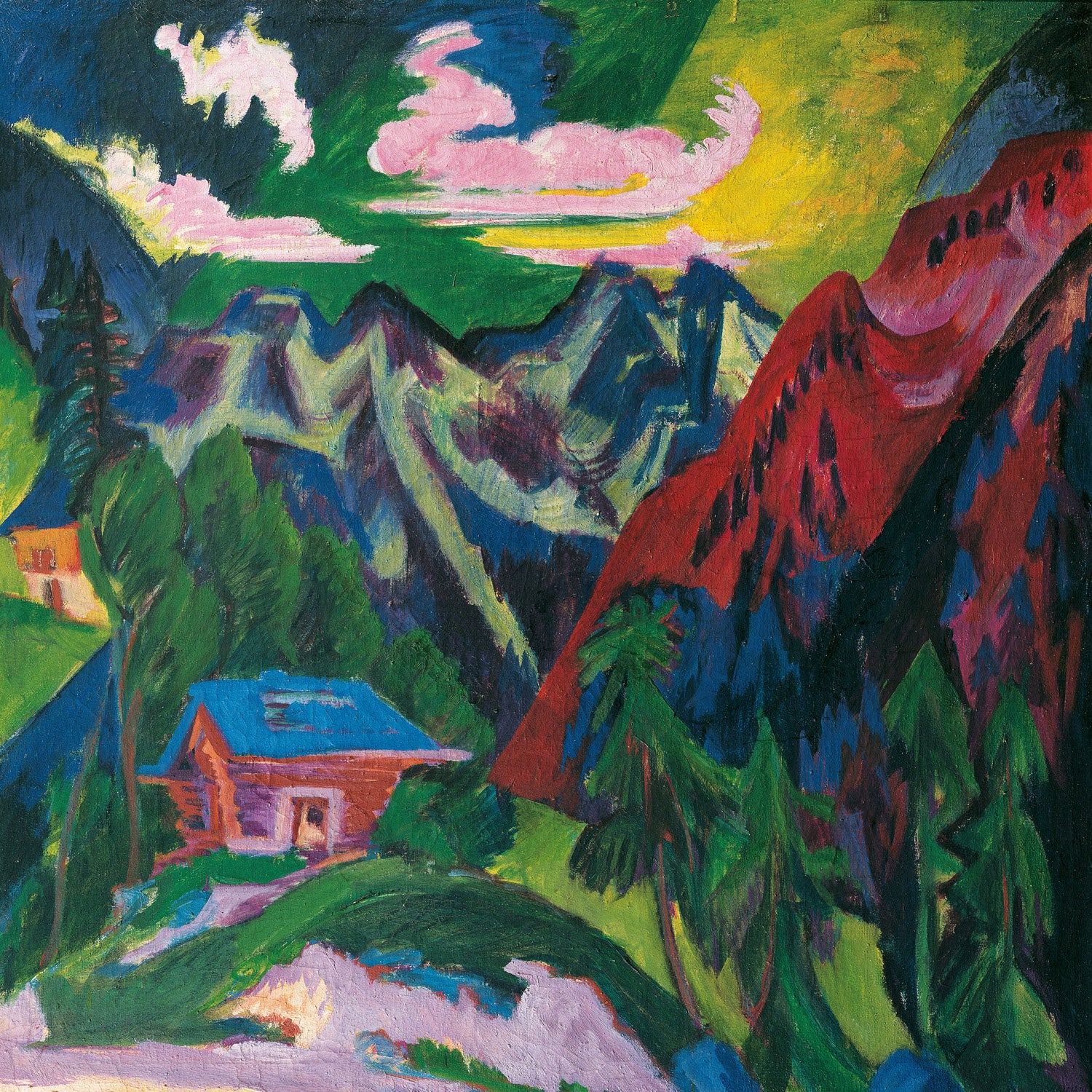 Ernst Ludwig Kirchner: 'Die Kosterser Berge' zeigt eine leuchtend bunte Berglandschaft mit dynamischen Formen und kräftigen Pinselstrichen.