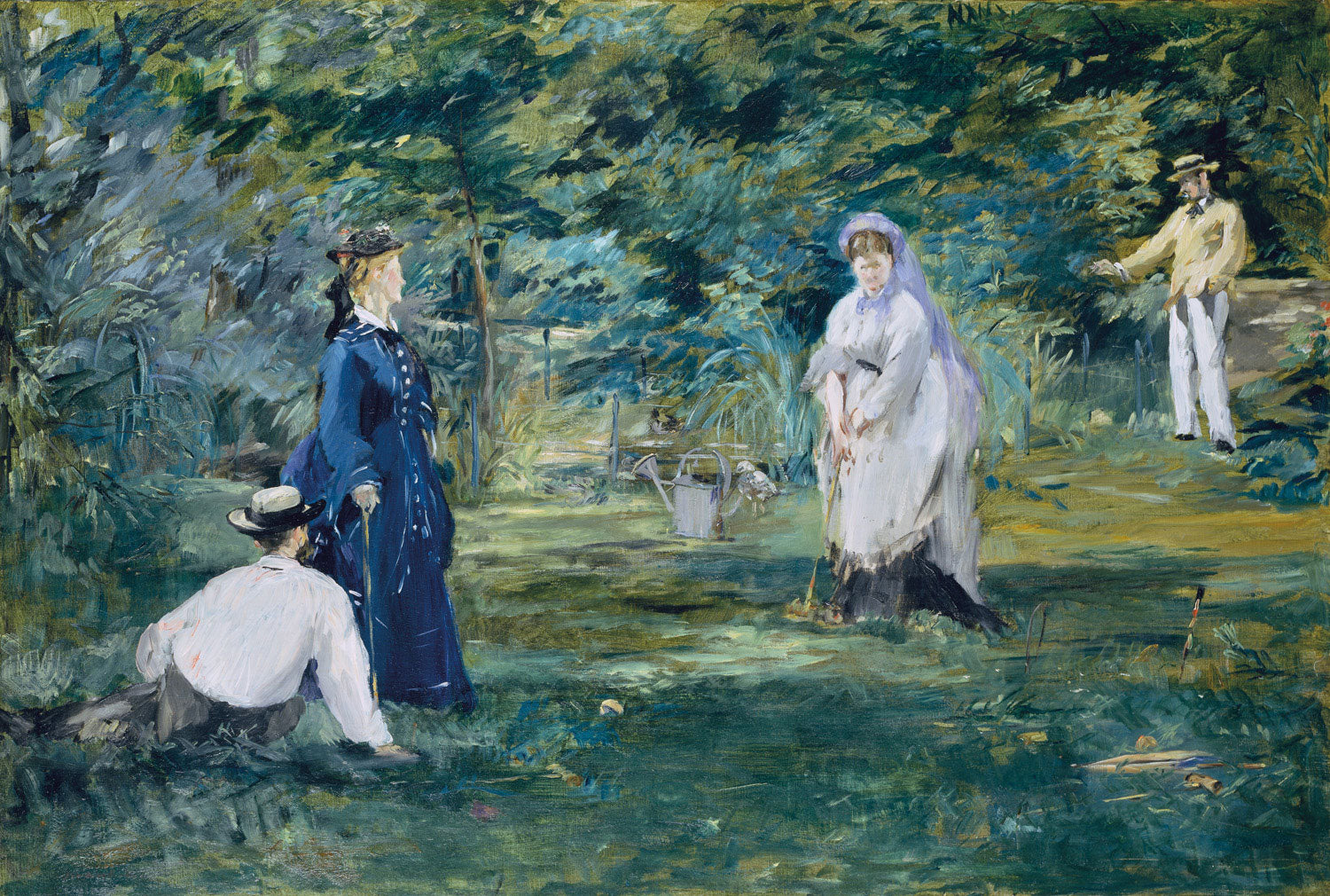 Eine Gruppe elegant gekleideter Männer und Frauen spielt Krocket in einem sonnigen Garten, umgeben von Bäumen. Impressionistisches Gemälde von Édouard Manet mit lebendigen Farben und lockerer Pinselführung.