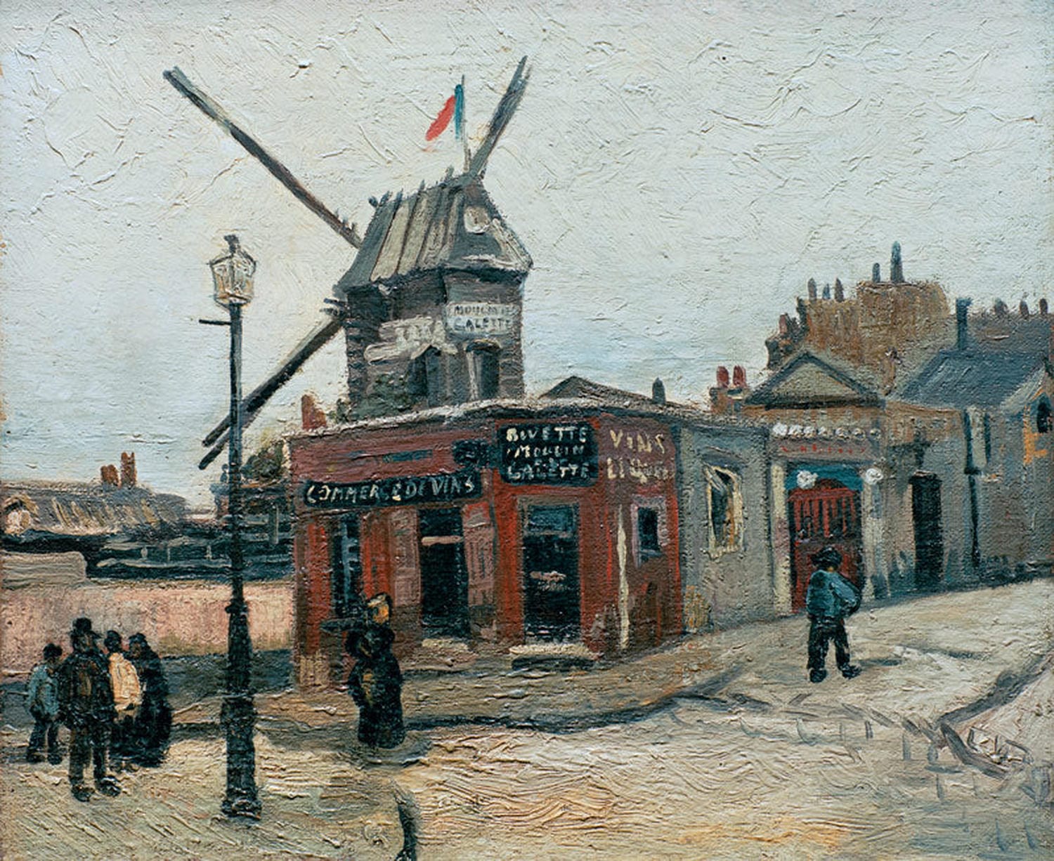 „Die Mühle Le Radet“ von Vincent van Gogh: Windmühle auf einem Hügel, umgeben von Figuren und Vegetation, in lebendigen Farben und dynamischen Pinselstrichen.