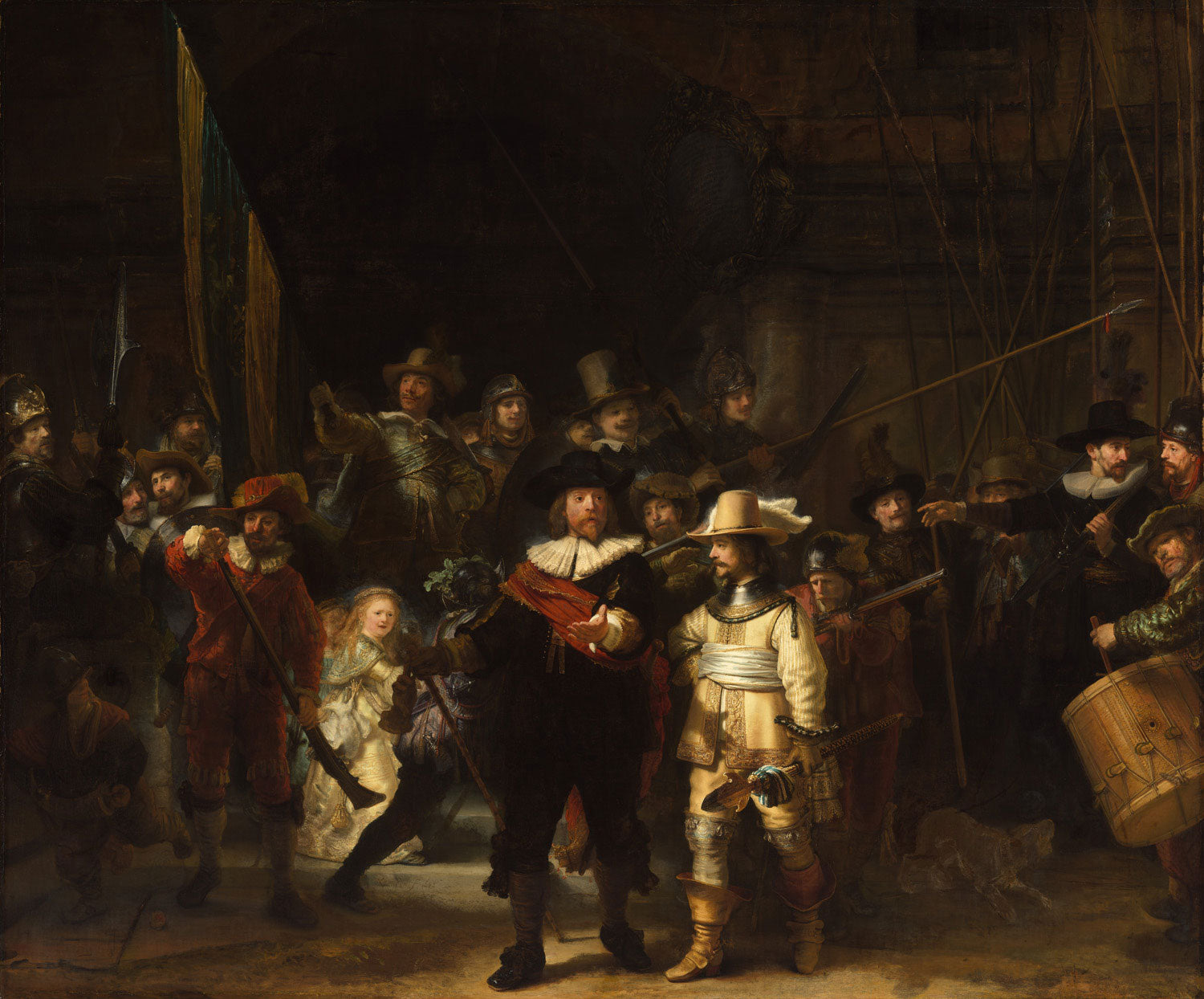 Das Gemälde „Die Nachtwache“ (1642) von Rembrandt zeigt eine dynamische Szene einer Milizkompanie, die sich unter dem Kommando von Hauptmann Frans Banning Cocq und Leutnant Willem van Ruytenburgh für einen Marsch bereitmacht. 