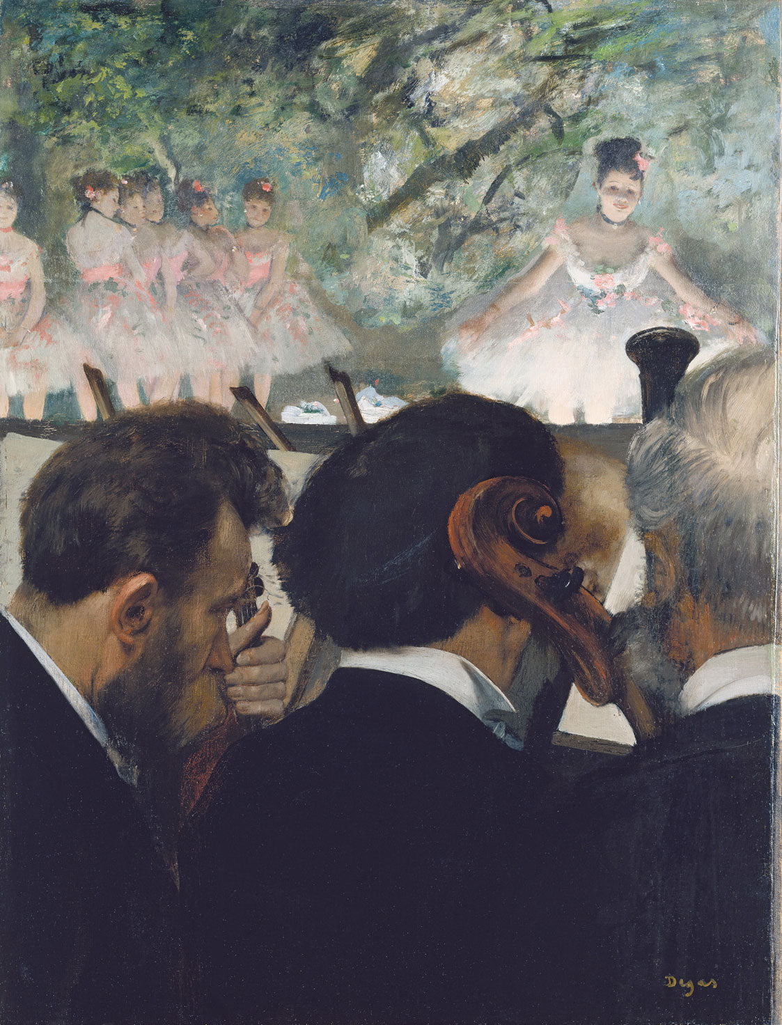 „Die Orchestermusiker“ von Edgar Degas – Impressionistisches Gemälde mit einer Szene aus der Pariser Oper. Im Vordergrund Musiker im Orchestergraben, im Hintergrund Balletttänzerinnen auf der Bühne. Kontrastreiche Komposition mit warmen Farbtönen und detailreichen Figuren.