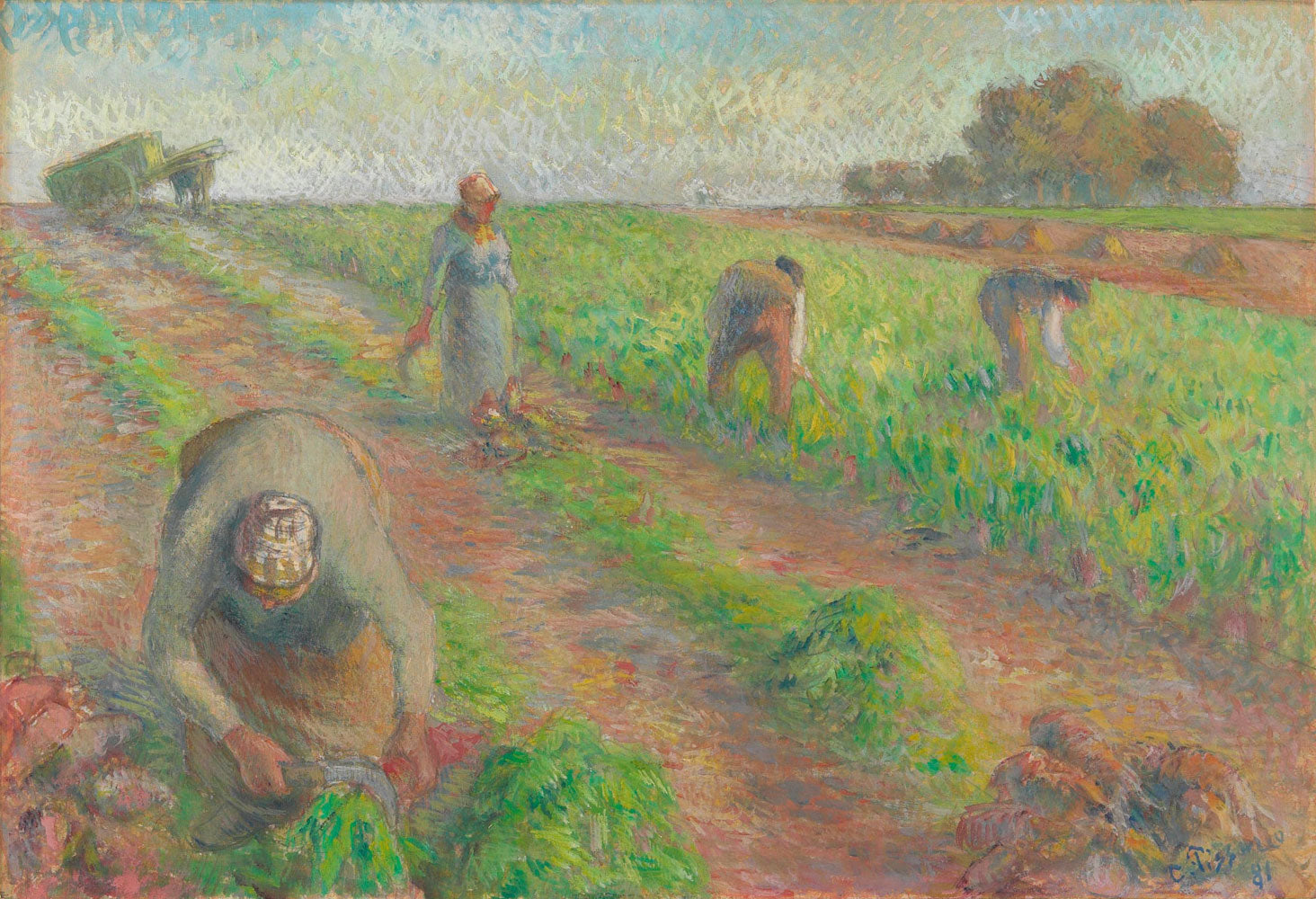 Impressionistisches Gemälde Die Rübenernte von Camille Pissarro mit Bauern bei der Ernte auf weiten Feldern unter lichtdurchflutetem Himmel.