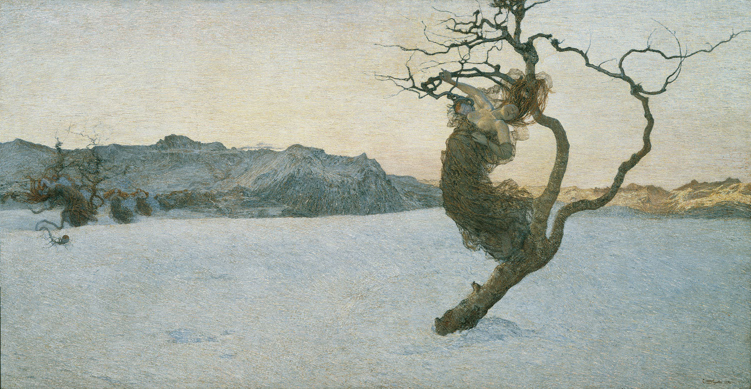 Die bösen Mütter von Giovanni Segantini: Symbolistisches Gemälde mit Frauenfiguren in einer frostigen, schneebedeckten Landschaft, die Themen wie Reue und Mutterliebe in einer traumähnlichen Szenerie darstellen, mit meisterhafter Lichtführung und feinen Details.