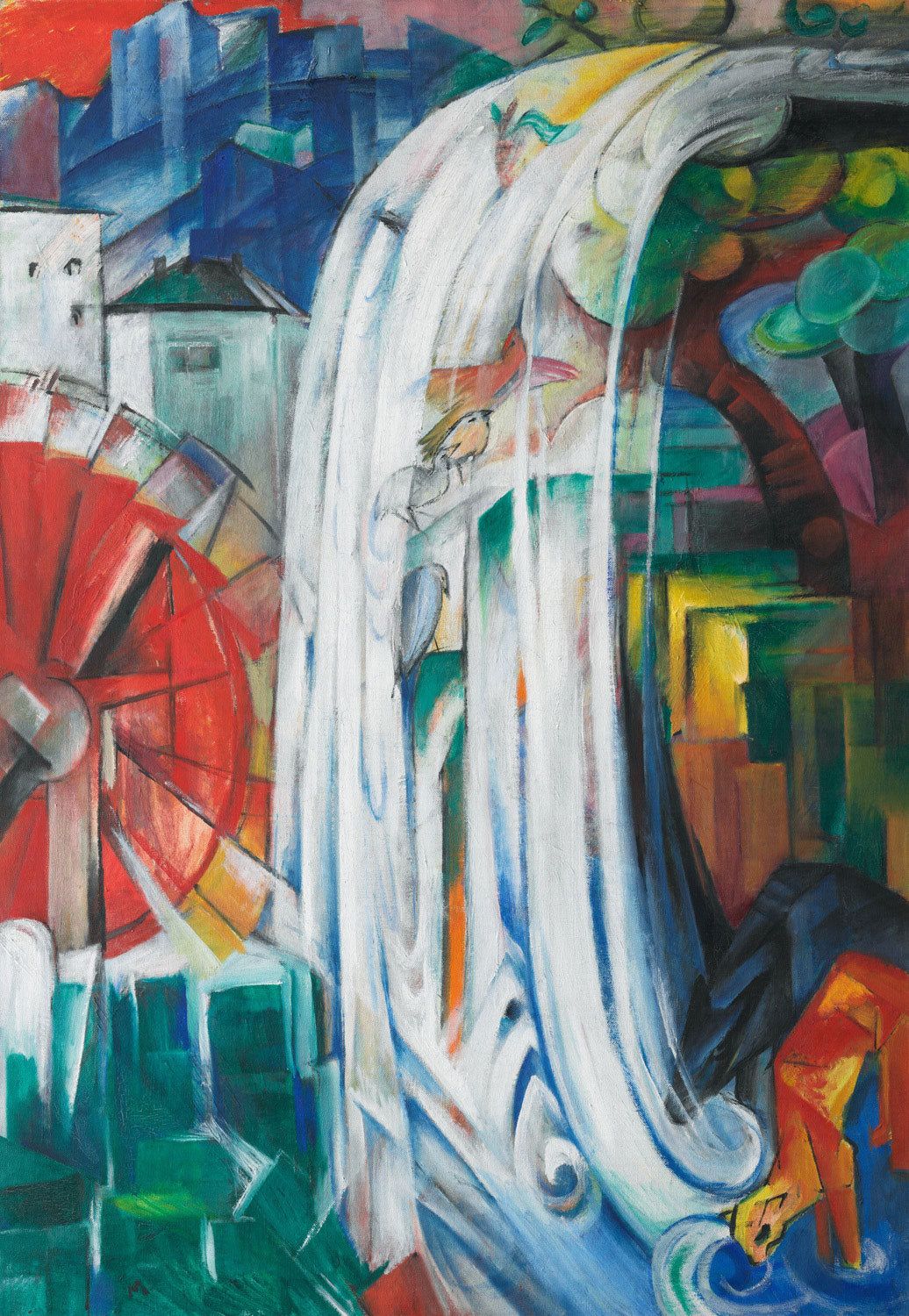 Ein expressionistisches Gemälde von Franz Marc zeigt eine surreal dargestellte Mühle in leuchtenden Farben. Umgeben von fließenden, abstrakten Formen und intensiven Blau-, Gelb- und Rottönen strahlt das Werk eine dynamische, magische Atmosphäre aus und verbindet Natur und Fantasie auf einzigartige Weise.