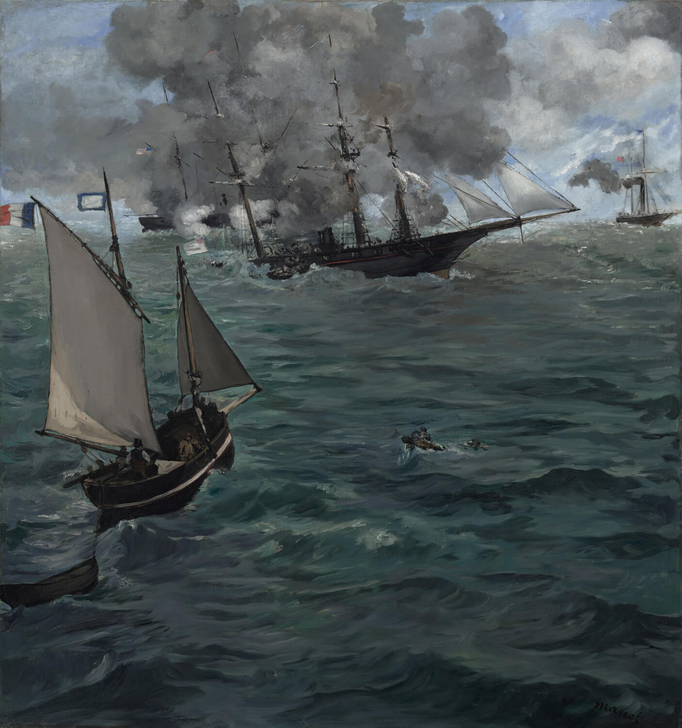 Das Gemälde „Die Schlacht der USS "Kearsarge" und der CSS "Alabama"“ von Édouard Manet zeigt die dramatische Seeschlacht zwischen zwei Schiffen im Amerikanischen Bürgerkrieg. Manet fängt die bewegte Szene auf dem Wasser meisterhaft ein und stellt die Dynamik der Schlacht beeindruckend dar.