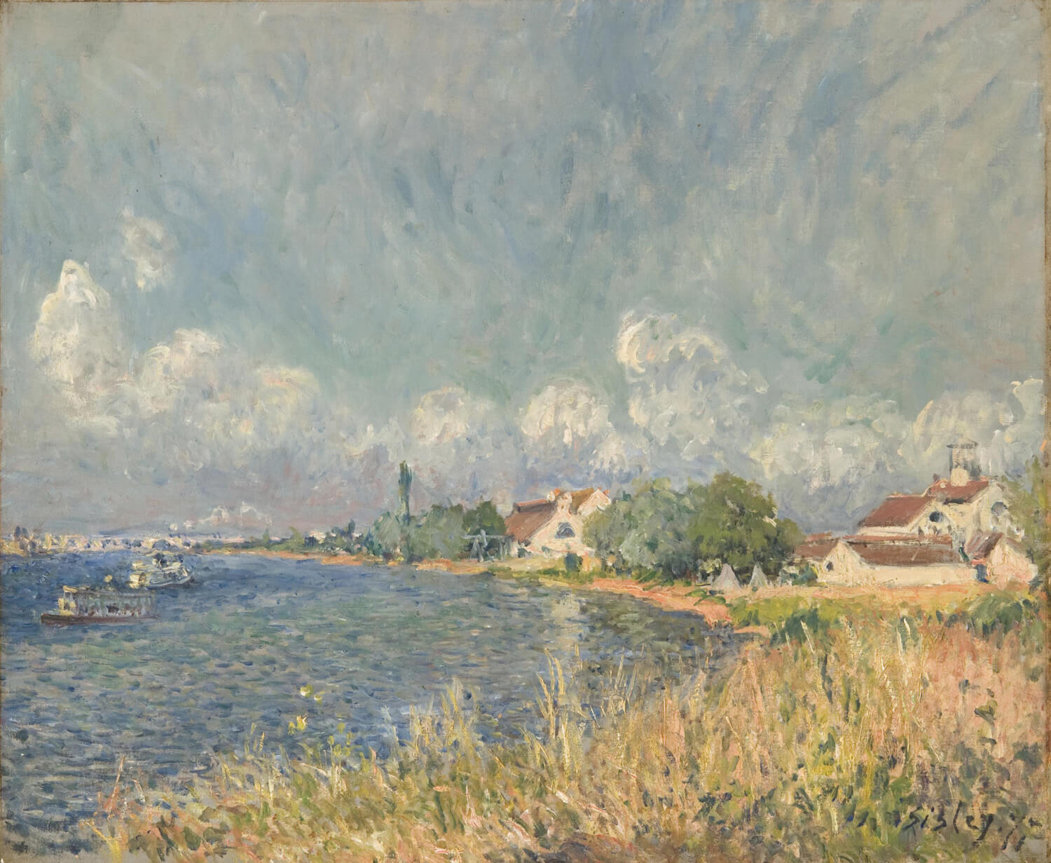 Impressionistisches Gemälde Die Seine bei Billancourt von Alfred Sisley – ruhige Flusslandschaft mit spiegelndem Wasser, blauem Himmel und sanftem Sonnenlicht, gemalt in weichen, lockeren Pinselstrichen.