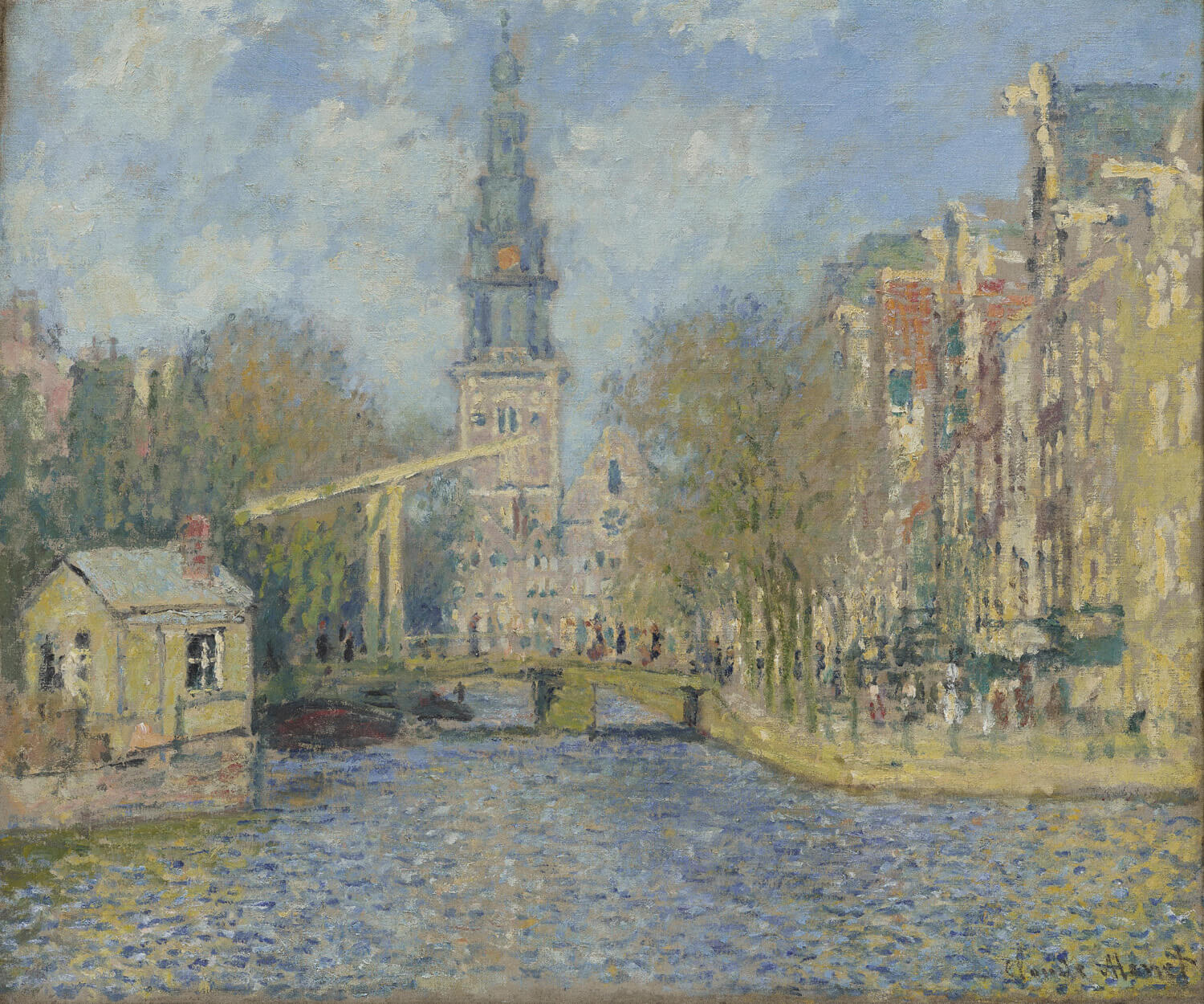 Impressionistische Stadtansicht von Amsterdam mit der Zuiderkerk im Hintergrund, gespiegelt im ruhigen Wasser des Groenburgwal-Kanals, gemalt in sanften Farben von Claude Monet.
