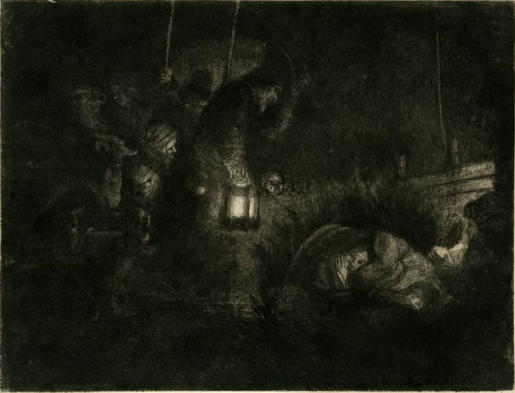 Kunstdruck von Rembrandt van Rijn mit der Anbetung der Hirten in einer nächtlichen Szene