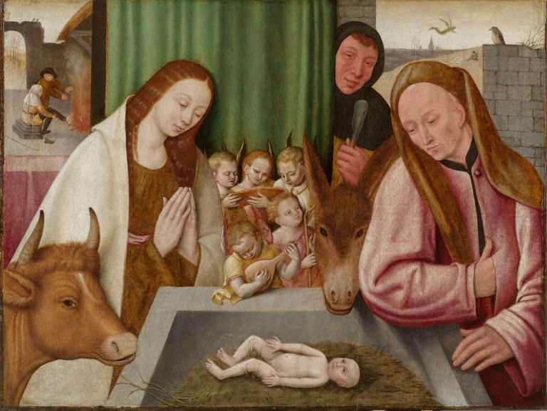 Kunstdruck „Die Anbetung des Kindes“ von Hieronymus Bosch mit Maria, Christuskind und andächtiger Krippenszene