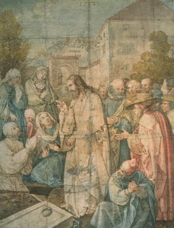 Kunstdruck von „Die Auferweckung des Lazarus“ von Albrecht Dürer. Detailreiche Renaissance-Darstellung des biblischen Wunders, in Deutschland handgefertigt.