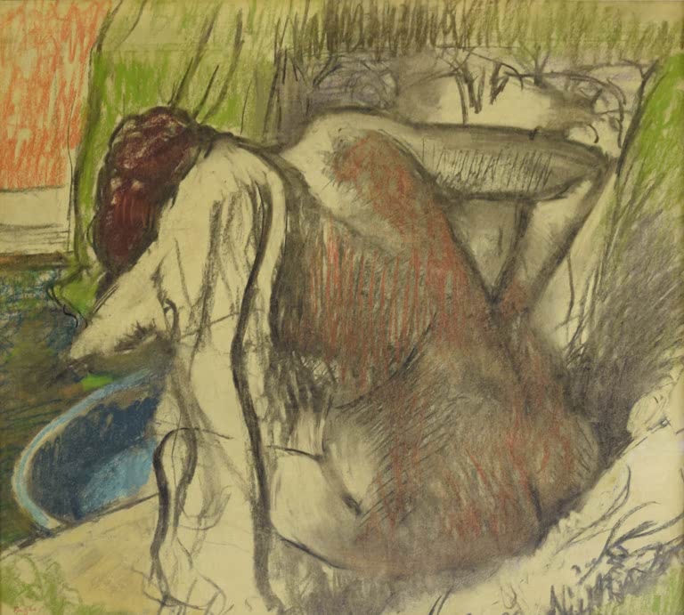 Kunstdruck des Gemäldes Die Badende von Edgar Degas mit einer Frau in einer Badeszene.
