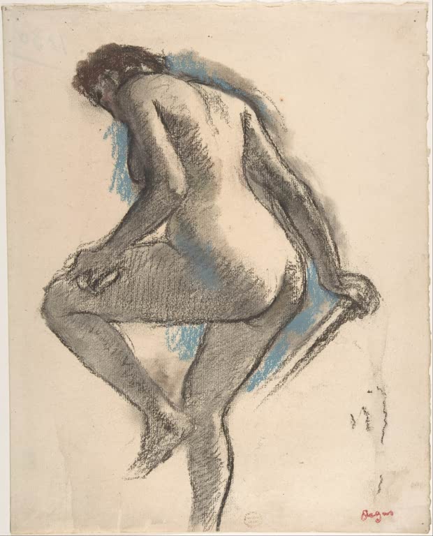 Kunstdruck von „Die Badende, die ihr Knie abtupft“ von Edgar Degas, handgefertigt in Deutschland als Leinwand oder Poster erhältlich
