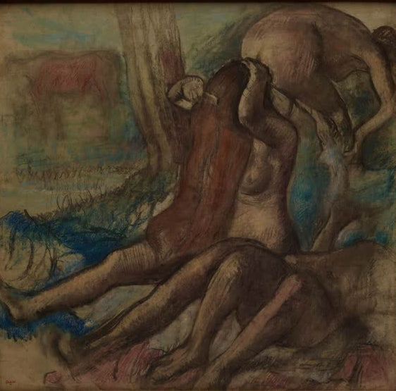 Kunstdruck des Gemäldes Die Badenden von Edgar Degas mit Frauen in einer Badeszene.