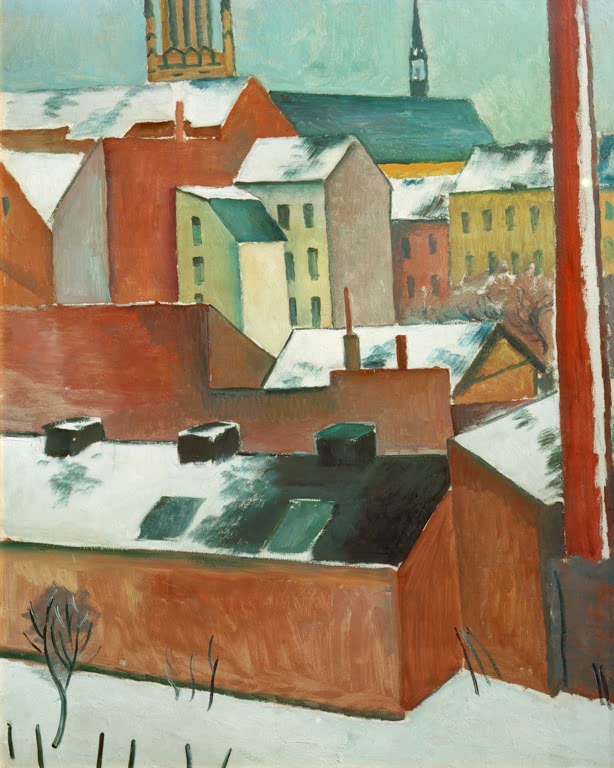 Kunstdruck des Gemäldes „Die Bonner Marienkirche im Schnee“ von August Macke. Hochwertig in Deutschland von Hand gefertigt, erhältlich als Poster oder Leinwand und optional gerahmt.