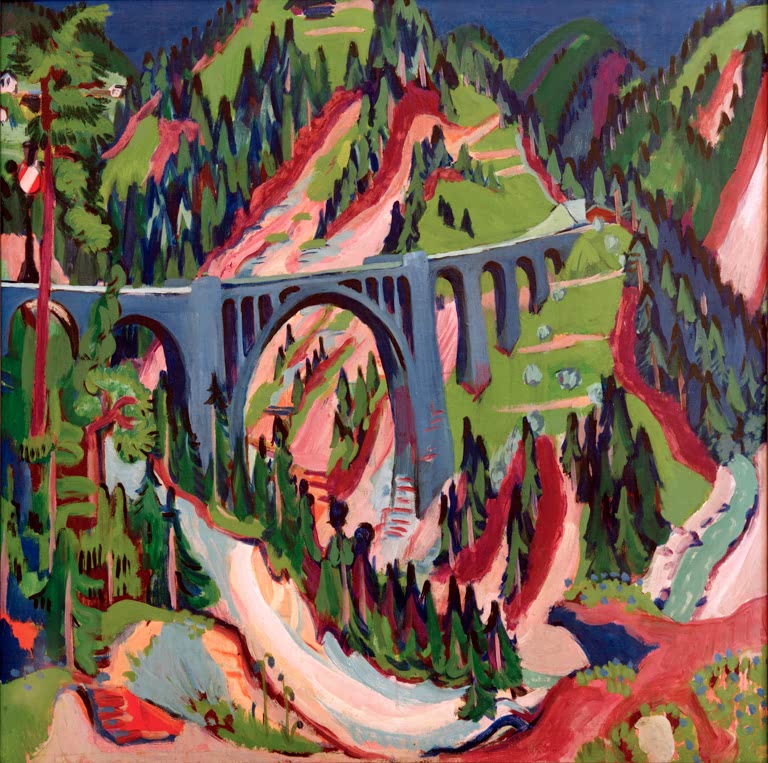 Kunstdruck von „Die Brücke bei Wiesen“ von Ernst Ludwig Kirchner mit expressiver Landschaft und kräftigen Farben