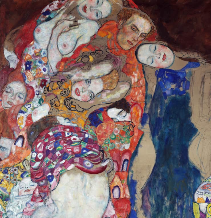 Kunstdruck von „Die Braut“ von Gustav Klimt mit ausdrucksstarker Figurenkomposition und charakteristischer Jugendstil-Ornamentik. In Deutschland von Hand gefertigt.