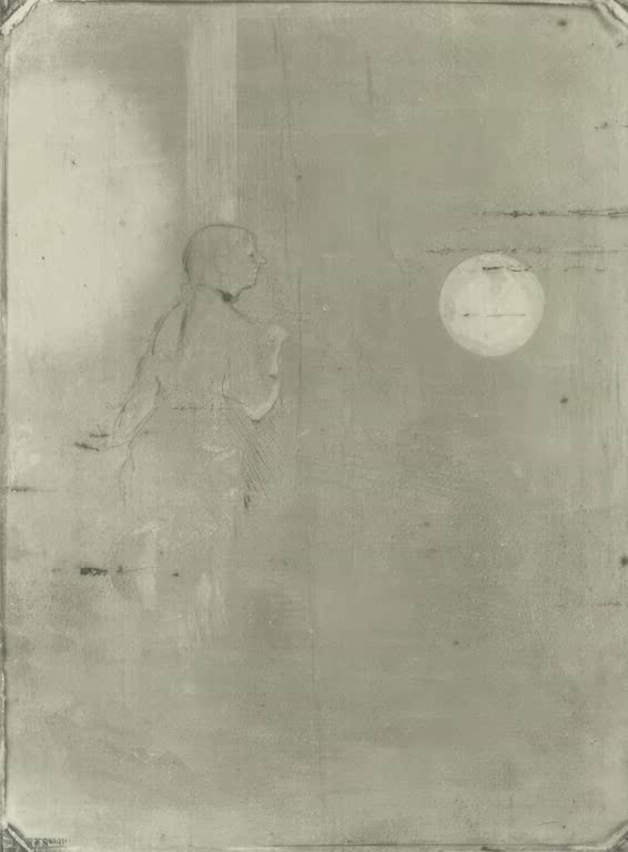 Kunstdruck des Gemäldes Die Cafékonzertsängerin hinter dem Vorhang von Edgar Degas mit einer Sängerin hinter einem Bühnenvorhang vor ihrem Auftritt.