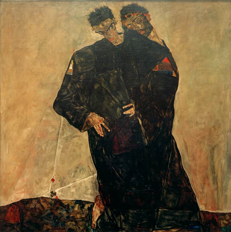 Kunstdruck von „Die Eremiten“ von Egon Schiele mit expressiver Figurenkomposition und markanter Linienführung. Erhältlich auf Leinwand oder als Poster, auf Wunsch auch gerahmt.