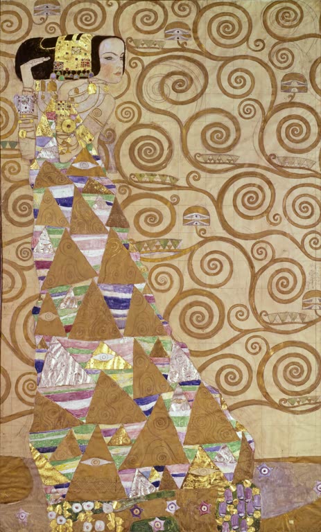 Kunstdruck des Gemäldes „Die Erwartung“ von Gustav Klimt – hochwertige Reproduktion eines symbolistischen Jugendstil-Kunstwerks mit ornamentalen Details.