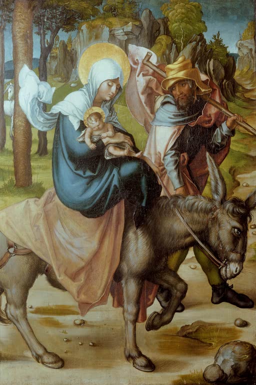 Kunstdruck von „Die Flucht nach Ägypten“ von Albrecht Dürer. Detailreiche Renaissance-Darstellung der Heiligen Familie auf der Flucht, in Deutschland handgefertigt.