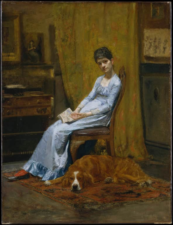 Kunstdruck von Die Frau des Künstlers und sein Setter von Thomas Eakins mit Porträt einer Frau und Hund