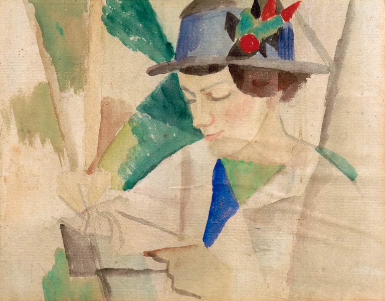 Kunstdruck des Gemäldes „Die Frau des Malers, lesend“ von August Macke. Hochwertig in Deutschland von Hand gefertigt, erhältlich als Poster oder Leinwand und optional gerahmt.