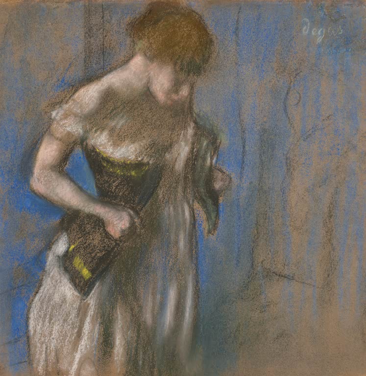 Kunstdruck des Gemäldes Die Frau, die ihr Korsett schließt von Edgar Degas mit einer Frau beim Ankleiden und Schließen ihres Korsetts.