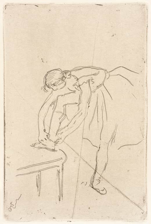 Kunstdruck von „Die Frau, die ihren Schuh anzieht“ von Edgar Degas, handgefertigt in Deutschland als Leinwand oder Poster erhältlich