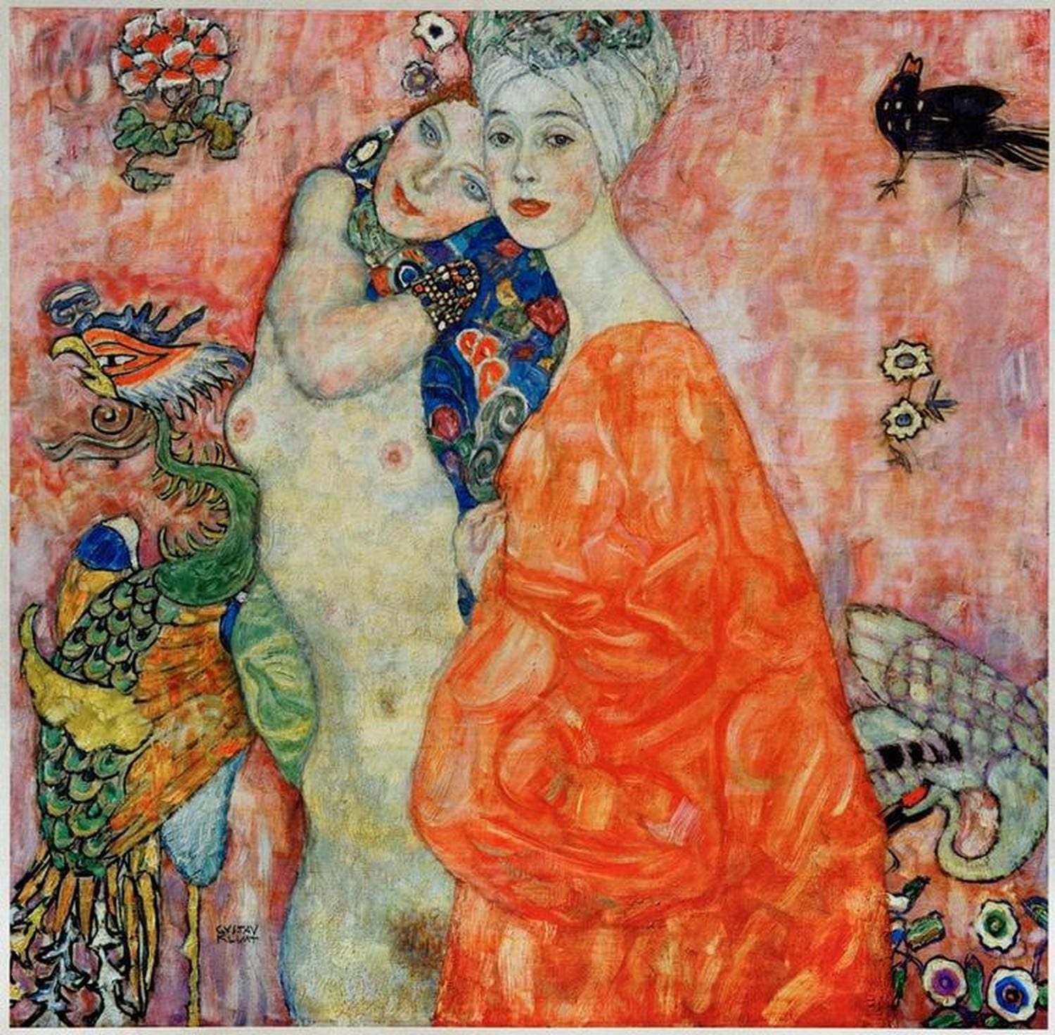 Gustav Klimt Gemälde „Die Freundinnen“ – dekoratives Bild zweier Frauen in inniger, harmonischer Pose mit floralen Mustern.