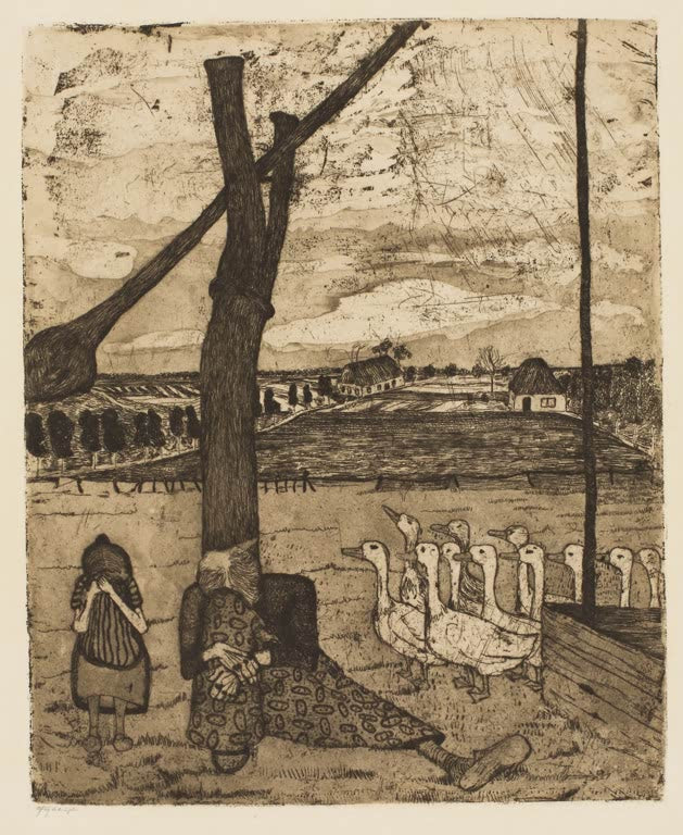 Kunstdruck „Die Gänsemagd“ von Paula Modersohn-Becker mit junger Frau und ländlicher, ruhiger Bildstimmung