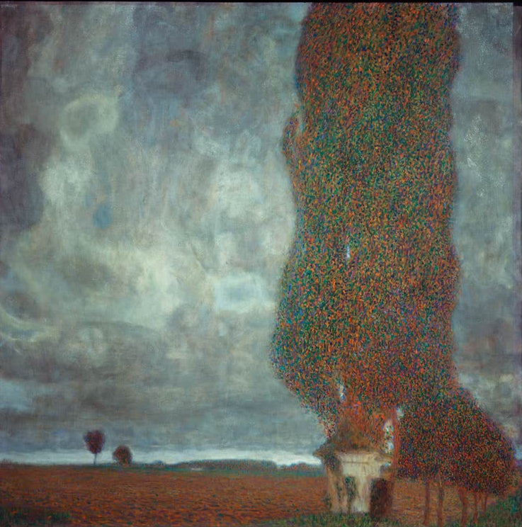 Kunstdruck des Gemäldes „Die Große Pappel II“ von Gustav Klimt – hochwertige Reproduktion einer stimmungsvollen Landschaft mit markantem Baum.