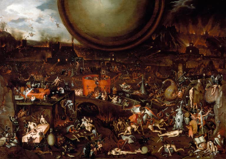Kunstdruck „Die Hölle“ von Hieronymus Bosch mit düsterer Jenseitsszene, fantastischen Gestalten und dramatischer Wirkung