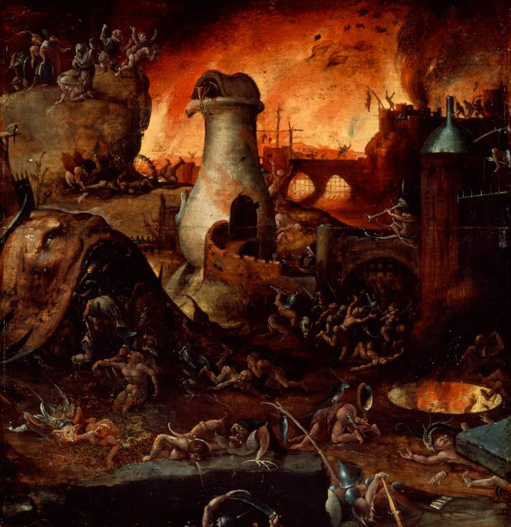 Kunstdruck „Die Hölle“ von Hieronymus Bosch mit düsterer Fantasiewelt, Dämonen und dramatischer Bildwirkung
