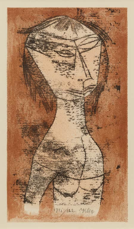 Kunstdruck von „Die Heilige vom Innern Licht“ von Paul Klee mit symbolischer Figurendarstellung und leuchtender Farbgestaltung.