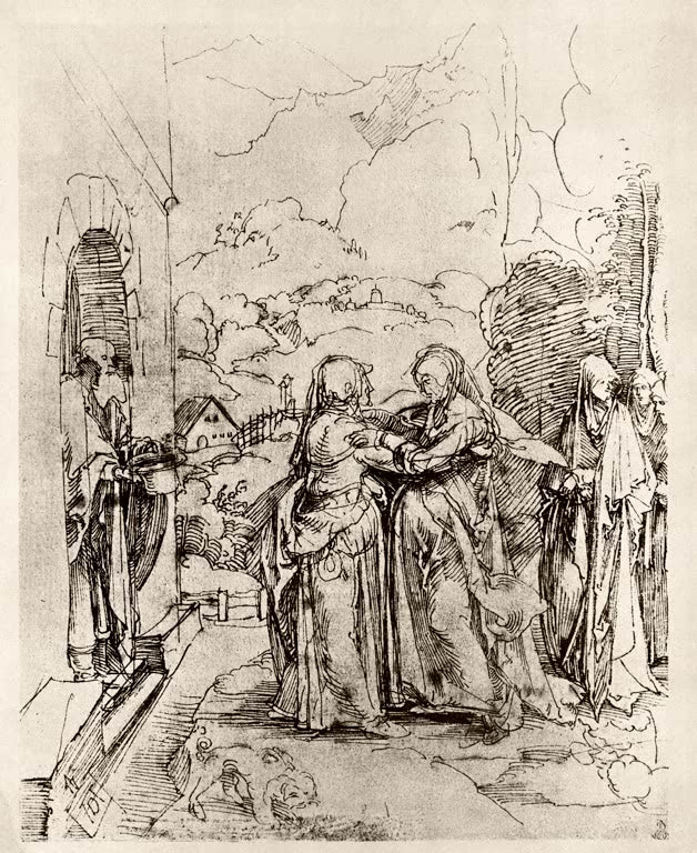 Kunstdruck „Die Heimsuchung“ von Albrecht Dürer mit Maria und Elisabeth in sakraler Renaissance-Szene