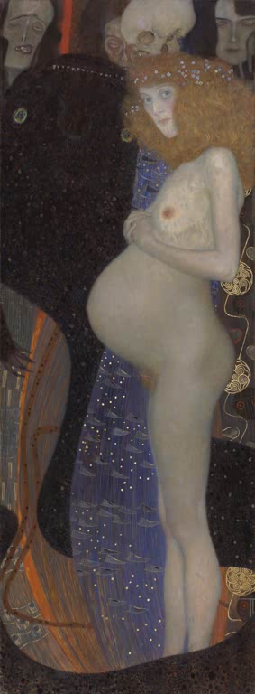 Kunstdruck von „Die Hoffnung I“ von Gustav Klimt mit symbolistischer Bildsprache, detailreicher Ornamentik und ausdrucksstarker Farbgestaltung. In Deutschland von Hand gefertigt.