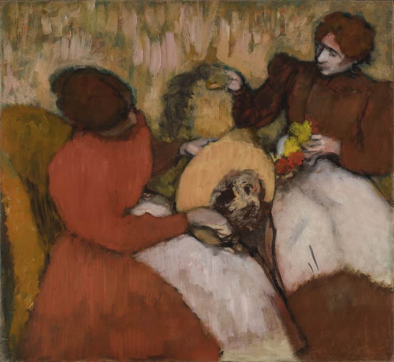 Kunstdruck des Gemäldes Die Hutmacherinnen von Edgar Degas mit Frauen bei der Arbeit in einer Hutmacherwerkstatt.