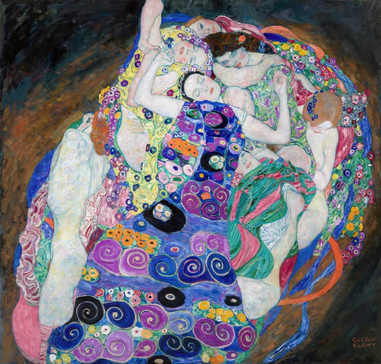 Kunstdruck von „Die Jungfrau“ von Gustav Klimt mit symbolistischer Figurenkomposition und leuchtenden Farben. In Deutschland von Hand gefertigt.