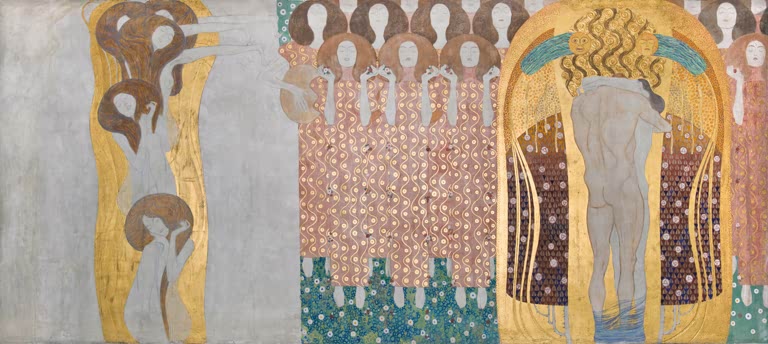 Kunstdruck des Gemäldes „Die Künste, Paradieschor und Umarmung“ von Gustav Klimt – hochwertige Reproduktion des Jugendstil-Kunstwerks.