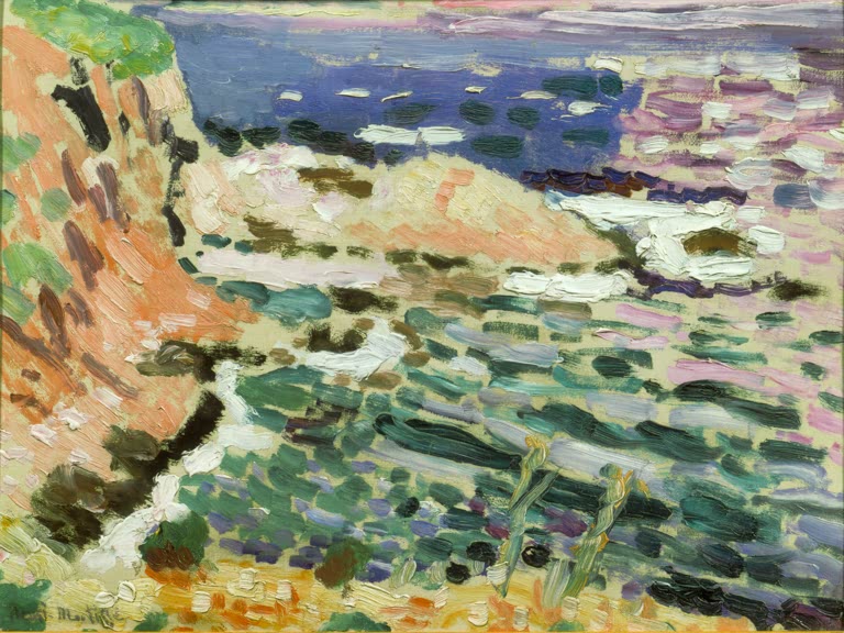 Kunstdruck des Gemäldes „Die Küste, Collioure“ von Henri Matisse, erhältlich als Leinwand oder Poster, optional gerahmt, in Deutschland von Hand gefertigt.