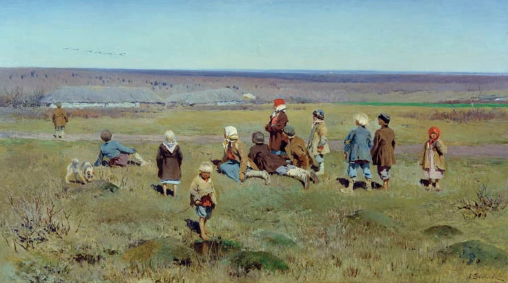 Kunstdruck von „Die Kraniche ziehen“ von Alexej Stepanowitsch Stepanow mit fliegenden Kranichen über einer weiten Landschaft