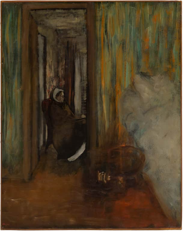 Kunstdruck des Gemäldes Die Krankenpflegerin von Edgar Degas mit der Darstellung einer Frau in der Rolle einer Pflegerin.